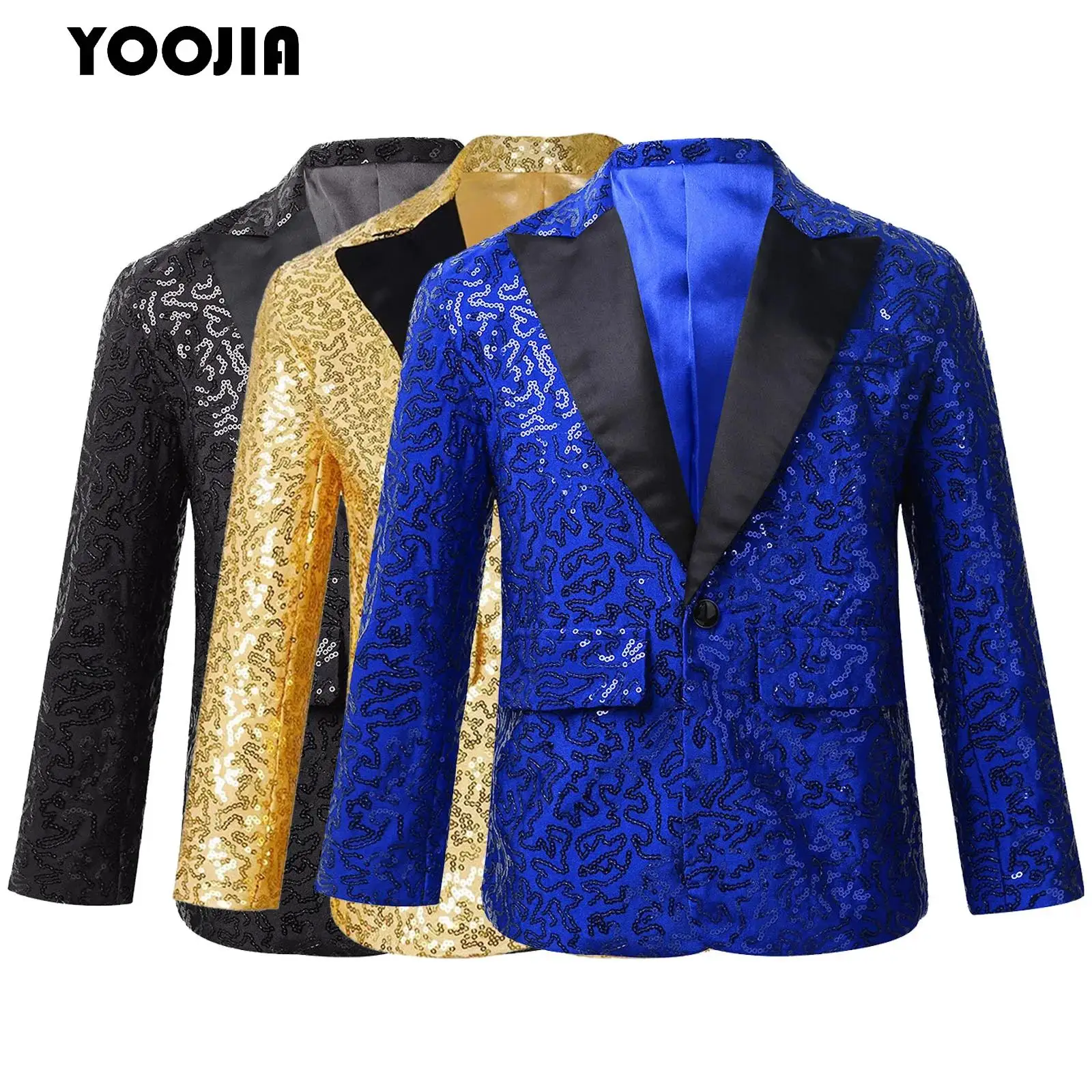 Kids Boys Shiny Sequins Lapel Jacket Coat Blazer Tuxedo Costume Modern Jazz Latin Dance Costume Party Performance Tuxedo Suit