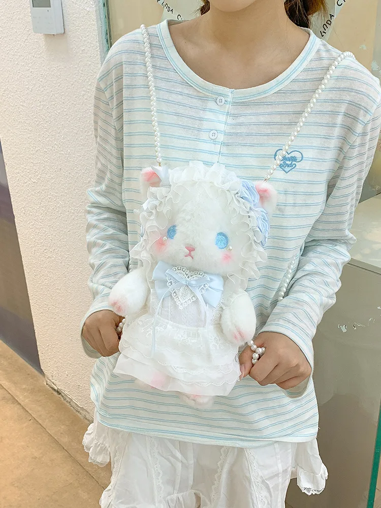 Sweet Macaron-Coloured Lace Kitten Plush Doll Crossbody Bag Cute Exquisite Pearl Chain Lolita-Style Girls Plush Backpack