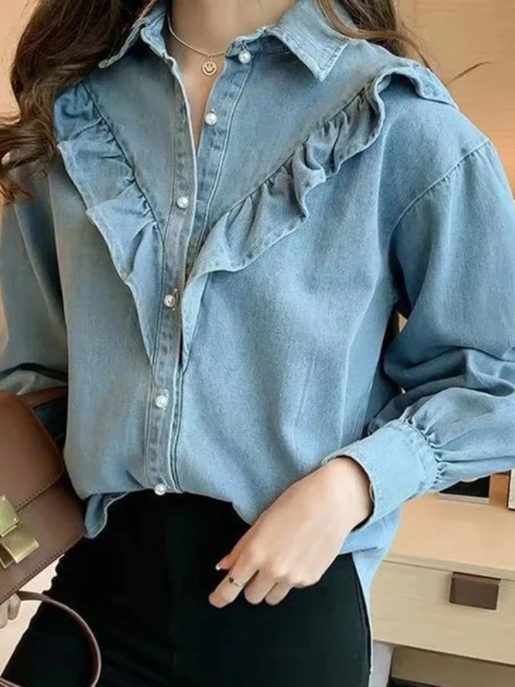 Korean Fashion Ruffle Denim Blouse Women Elegant Lapel Design Oversize Jean Shirts Spring Autumn Single-Breasted Cowboy Tops