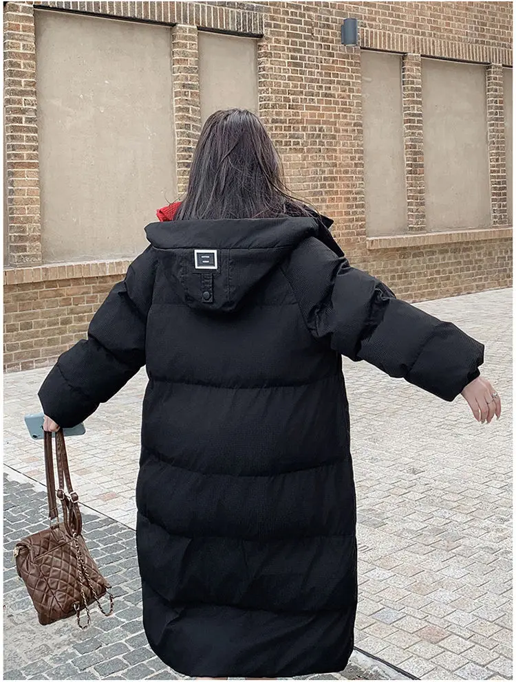 2025, lässige Daunen-Baumwolljacke für Damen, solide Langarm-Outwear, mit Kapuze, X-lange Parkas, Winter-Pufferjacke, dicker, warmer Schneemantel