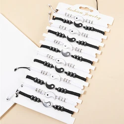 New 12pcs/lot Black White Yin Yang Charms Bracelet For Women Men Gold Color Tai Chi Bracelet Set Adjustable Rope Jewelry Gifts