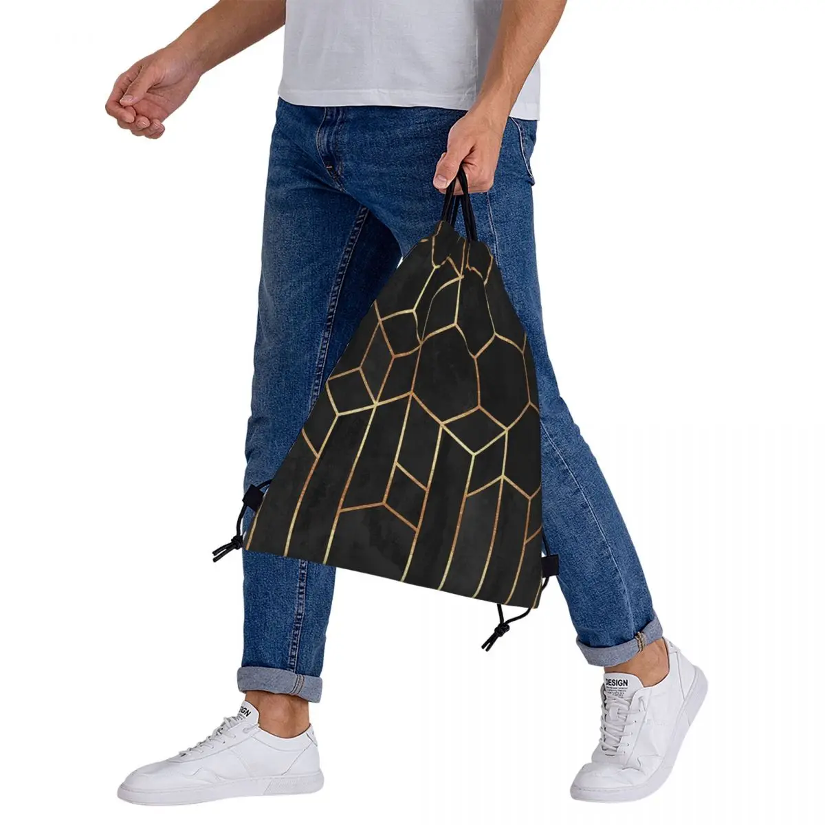 Sacs à dos hexagones noirs pour hommes et femmes, sacs à cordes de proximité portables décontractés, sac de sport de poche Bundle, sacs à livres pour étudiants