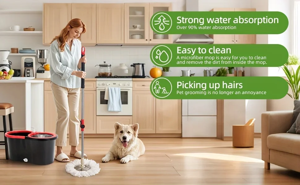 Heavy Duty Spin Mop and Bucket Set 360° Rotating Floor Cleaner with 3 Microfiber Mop Heads Adjustable Handle Easy Cleaning