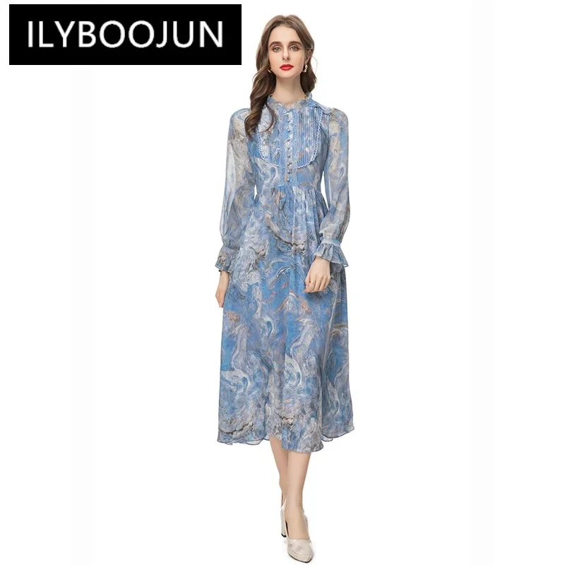 

ILYBOOJUN Autumn Elegant Pretty Dress Women's Flower Color Splice long sleeve Single-breasted Print Draped fold Long Dress