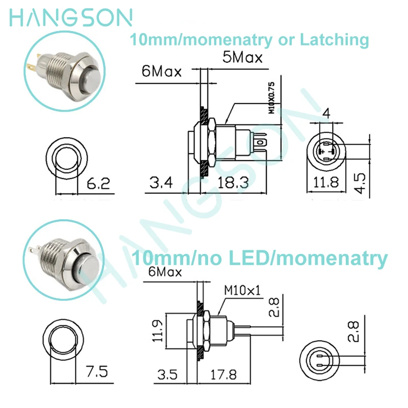 8MM 10MM MINI Metal Switch Self-Reset LED Latching Switch Momentary Yellow GREEN RED Push Button Switch