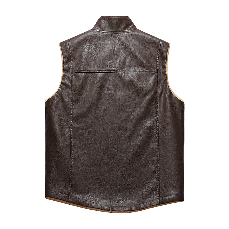 سترة جلدية للرجال موضة خريف وشتاء 2025 سترة جلدية غير رسمية دافئة بياقة واقفة بدون أكمام سترة جلدية للرجال