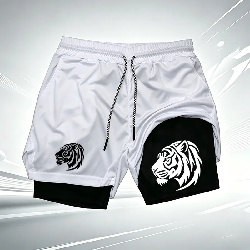 Men's Tiger Print 2 in1 Sports Shorts Quick Dry Compression Liner Drawstring Athletic Gym Running Workout Training Shorts wx301