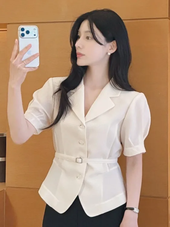 

Slimming Chic Vintage Turn-down Collar Bubble Sleeve Shirt Women's Short Coat French Style Fashion Tailoring Other Material
