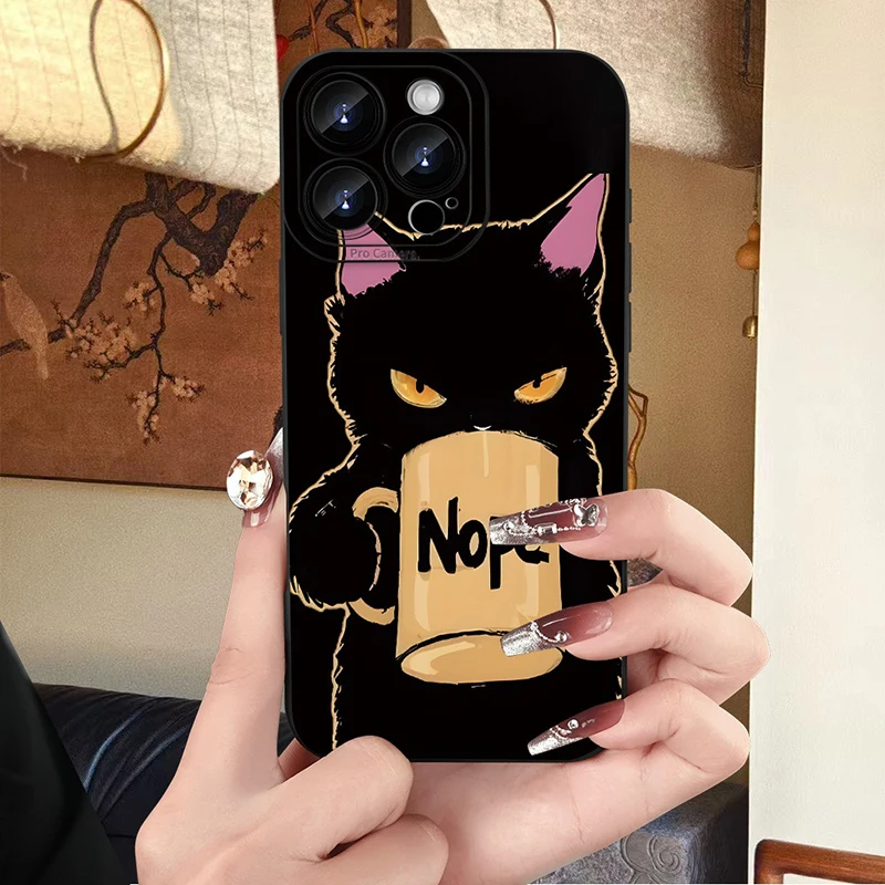 Cool Coffee Black Cat Pattern Silicone Phone Case For iPhone 18 17 16 15 14 13 12 11 Pro Max 17 Air 16E XS X XR 7 8 Plus Cover