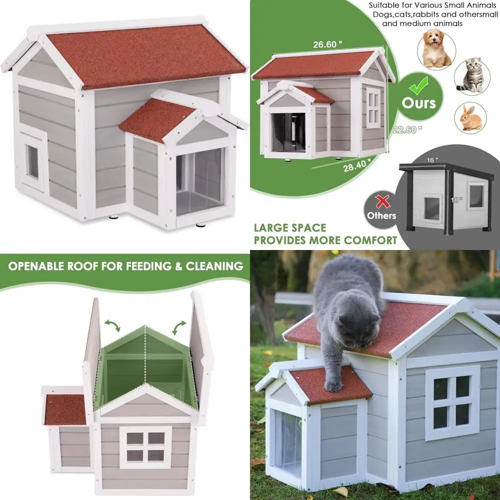 

Weatherproof Outdoor Cat House with Indoor Openable Roof for Feral Cats and Small Animals