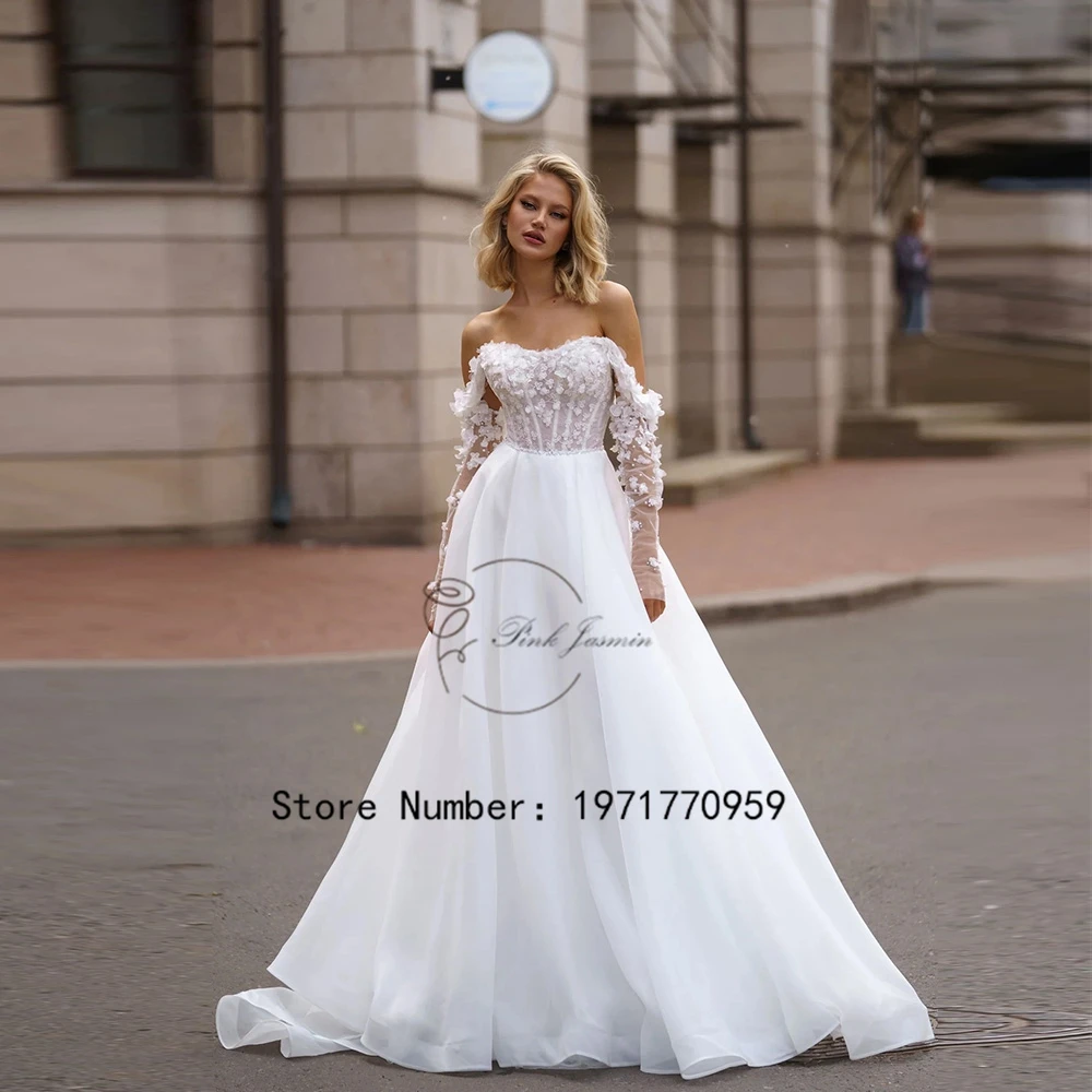 

Exquisite Wedding Dresses Off Shoulder Long Sleeves 3D Flowers Applique Bride Gowns Zipper Back Court Train vestido de noiva