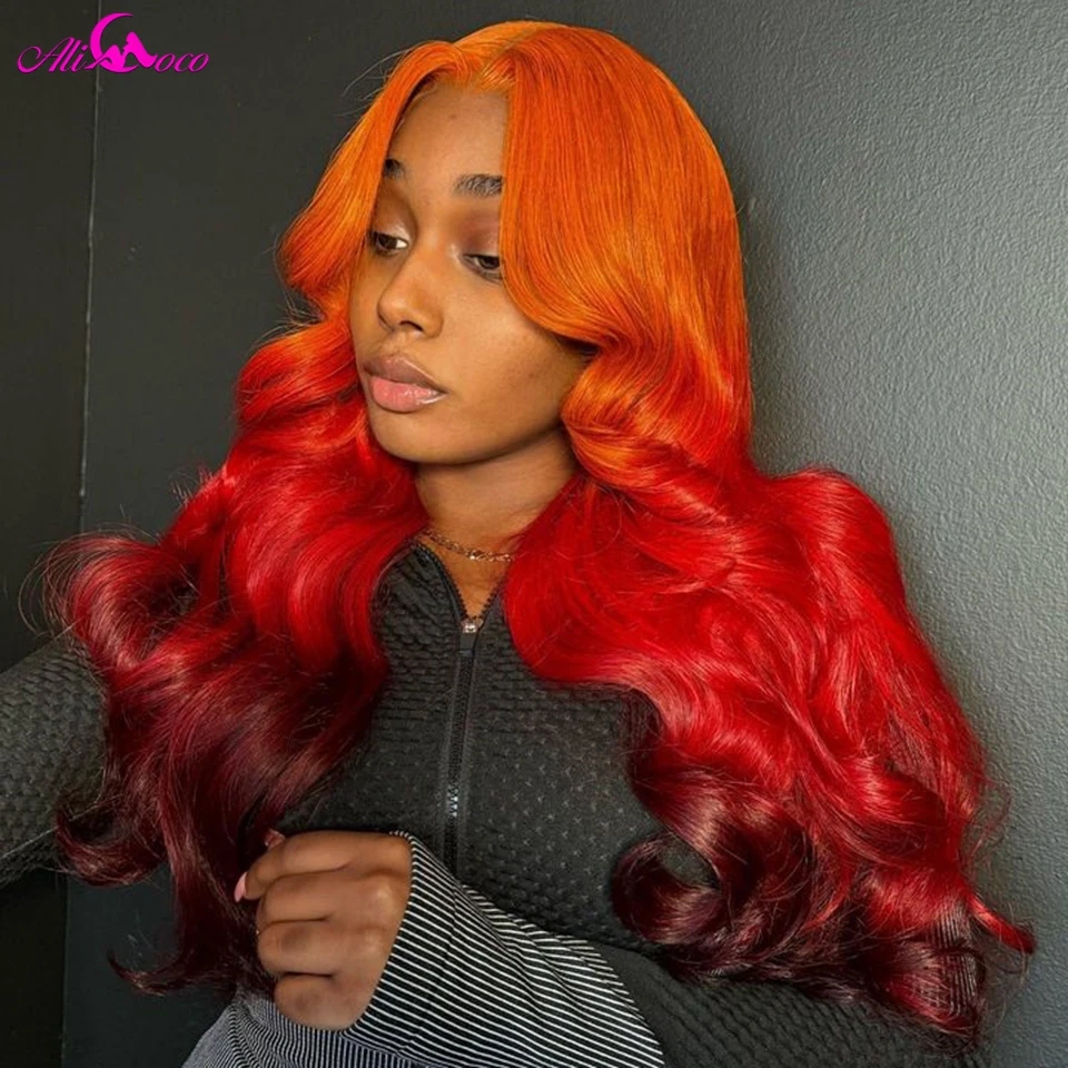 Ombre Orange Red Colored Body Wave Human Hair Wig Pre-Plucked 13x4 Lace Frontal Human Hair Wigs Ombre Color Long Human Hair Wig