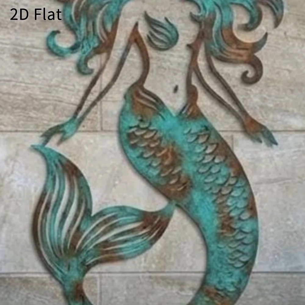 CIFBUY Metal Mermaid Wall Art, 2D Flat Vintage Patina Mermaid Iron Wall Decor, Coastal Nautical Metal Wall Hanging