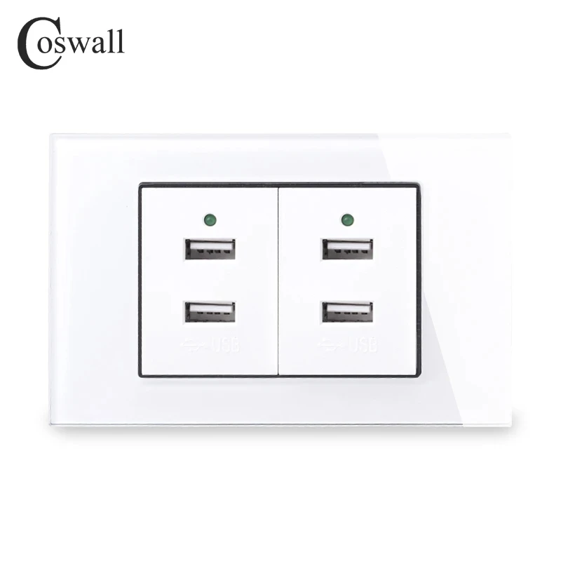 COSWALL UNS Größe Gehärtetem Glas Panel Steckdose 2/4/6 USB Lade Port Mit Led-anzeige DC 5V, 2A / 4A Ausgang Weiß