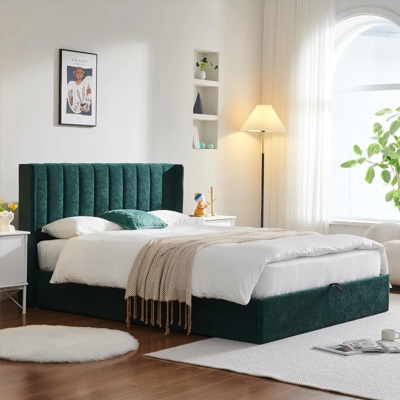 Queen Size Hydraulic Storage Bed, Upholstered Platform Bed Frame, Modern Wingback Design Headboard, Velvet Fabric with Hydraulic