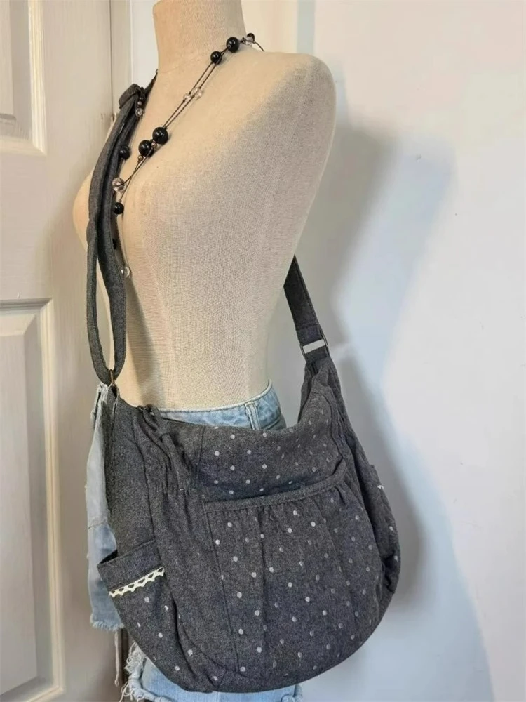 

Korean Polka Dot Canvas Bag Female Niche Design Single Shoulder Crossbody Versatile, Large Capacity Tote Bags