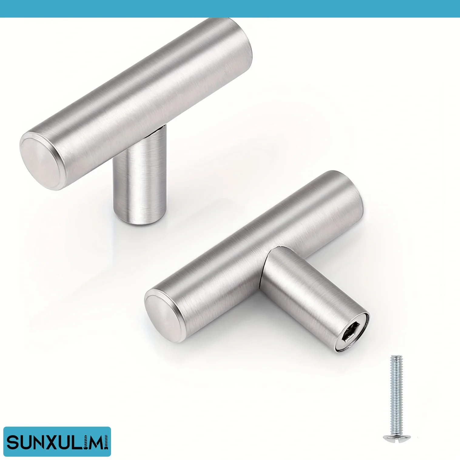 Set of 10 European-style round T-bar satin nickel cabinet handles, single-hole stainless steel, 2 inches total length