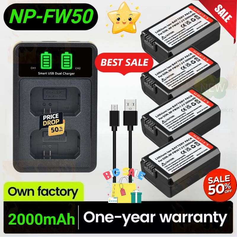 

2000mAh NP-FW50 NP FW50 Rechargeable Battery for Sony A6300 A6000 A6400 A6500 A7 A7II A7RII A7SII A7S A7R A7S2 USB Dual Charger