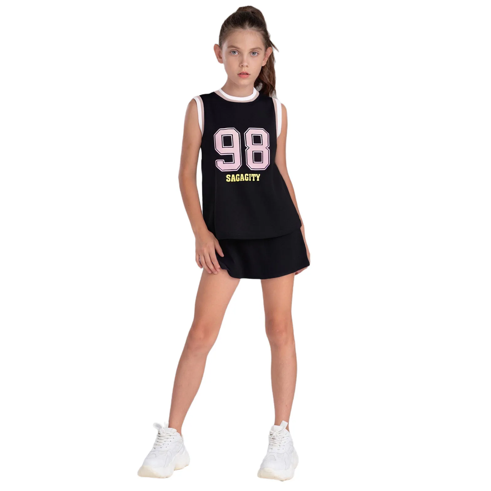 Girls Tennis Yoga Gym Sports Suit Sleeveless Moisture-Wicking Tank Top with Stretchy Skirts for Kids Workout Training Clothes