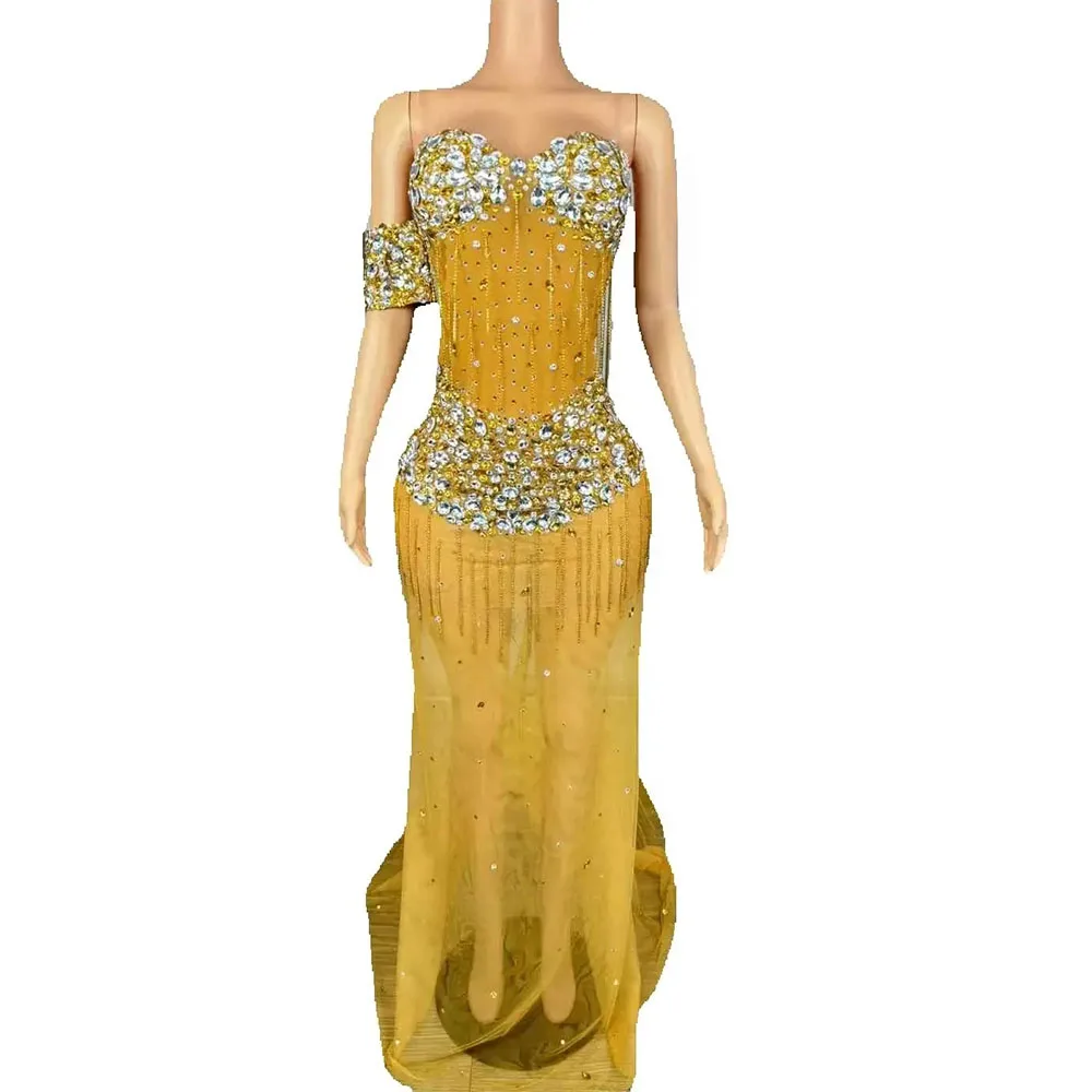 

Прозрачное платье длиной до пола со стразами и цепочками, женское сексуальное прозрачное платье для празднования дня рождения, клуба, одежда для фотосессии, сценическая одежда