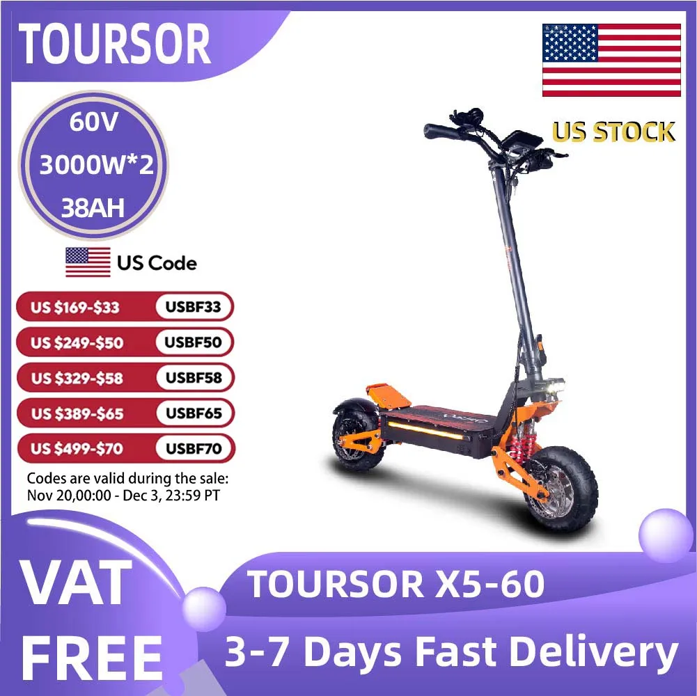 

TOURSOR X5 adult electric scooter 3000W*2 motor 60V 38AH Folding electric scooter 11-inch tires Urban road electric scooter