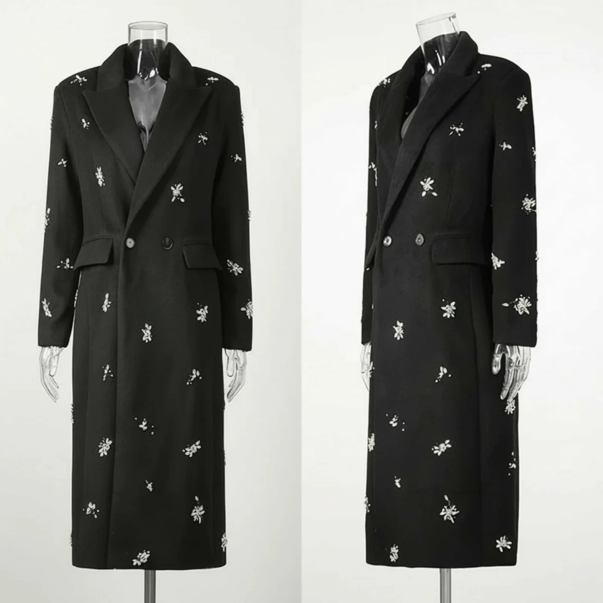 

Luxury Crystals Women Long Coat Double Breasted Peaked Lapel Office Ladies Work Jacket Wool Blend Customized One Piece