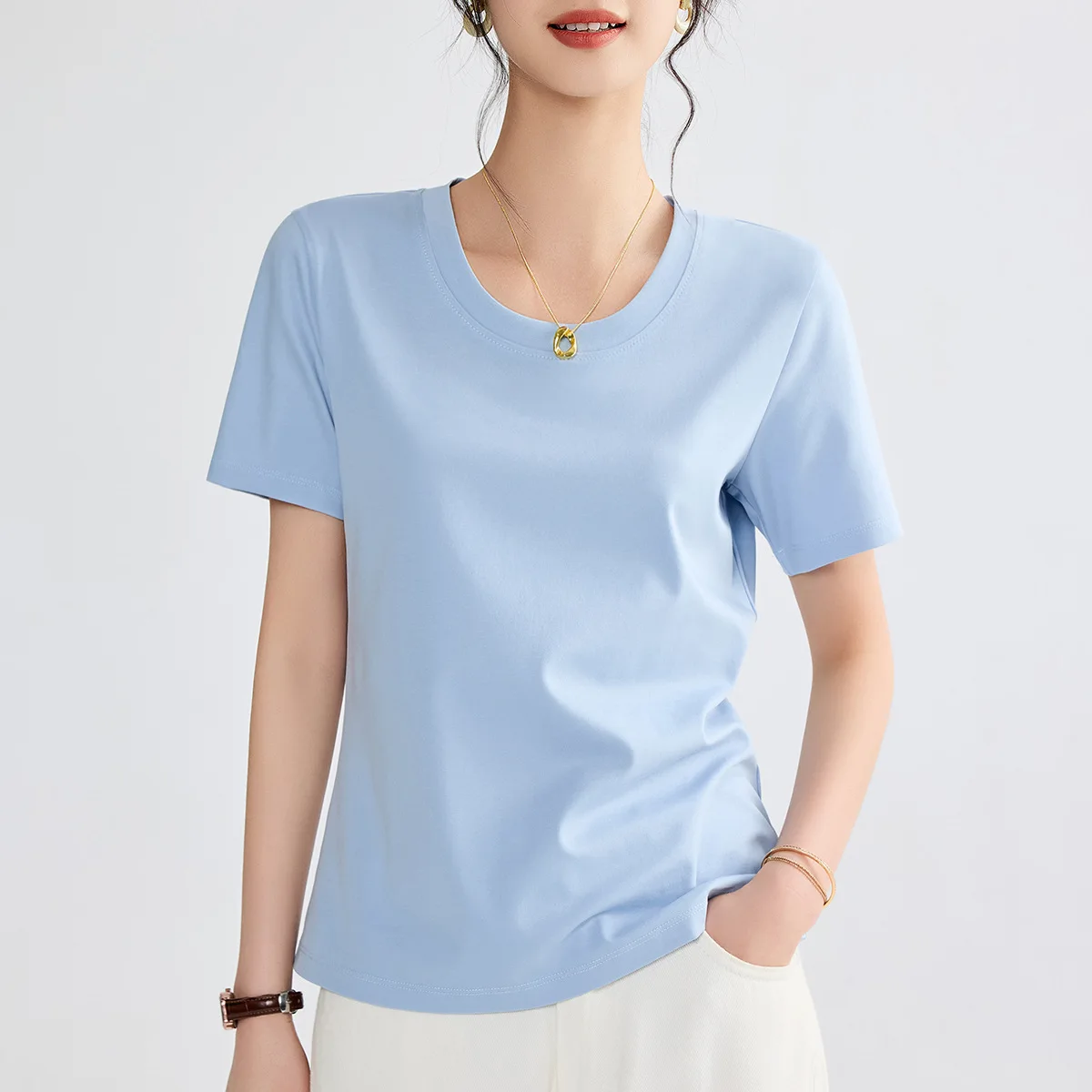 2025 Summer Women's Pima Cotton T-Shirt | Cooling 80s Double Mercerized Wide U-Neck Top | Silky Breathable Elegant Casual Blouse