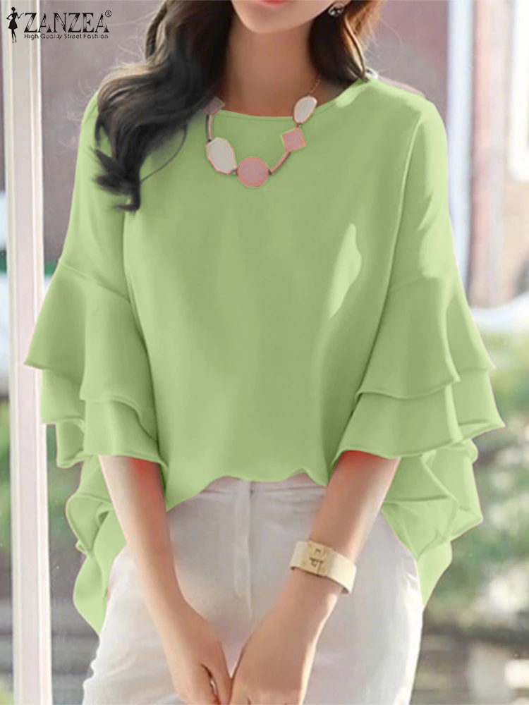 

ZANZEA Women Fashion Blouse Summer Flare Sleeve Casual Tops 2025 Loose Ruffled Shirts Solid Color Elegant OL Blusas Femininas