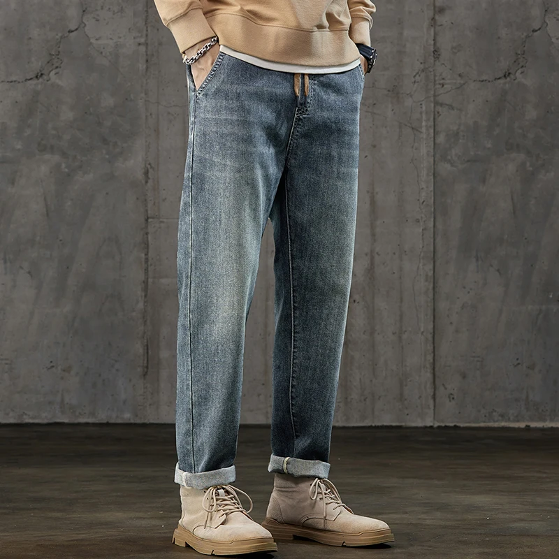 

Мужские джинсы в американском стиле, повседневные, свободного кроя, прямые, с эластичным поясом, модель Harlan, длинные брюки, весна-осень, новинка, хлопок, стрейч