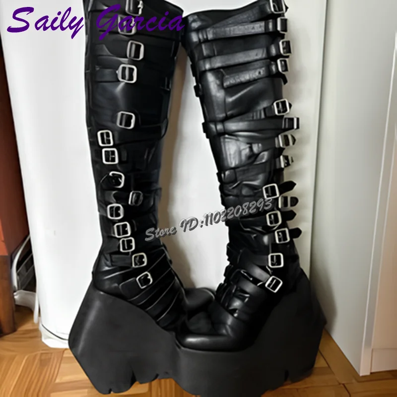 فاسق حزام مشبك منصة دراجة نارية الأحذية ساحة تو الظلام سميكة وحيد الساخن فتاة الركبة عالية الأحذية 2025 Y2K النساء الأحذية الحديثة الجديدة
