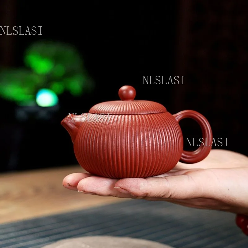 200ml Exquisite Fluted Ceramic Teapot Pumpkin Shape Red Clay Zisha Tea Pot with Vertical Ribs and Round Knob for Loose Leaf Tea