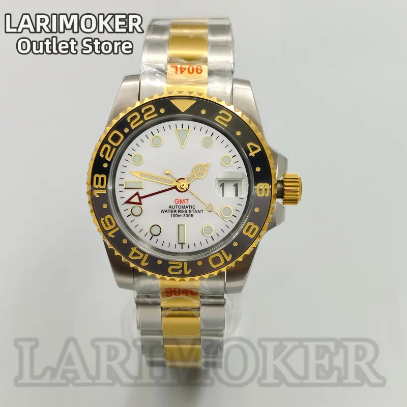 

LARIMOKER 40mm Gold and Silver GMT Men's Mechanical Watch NH34 Movement Sapphire Crystal White Dial Gold Markers C3 Green Lume