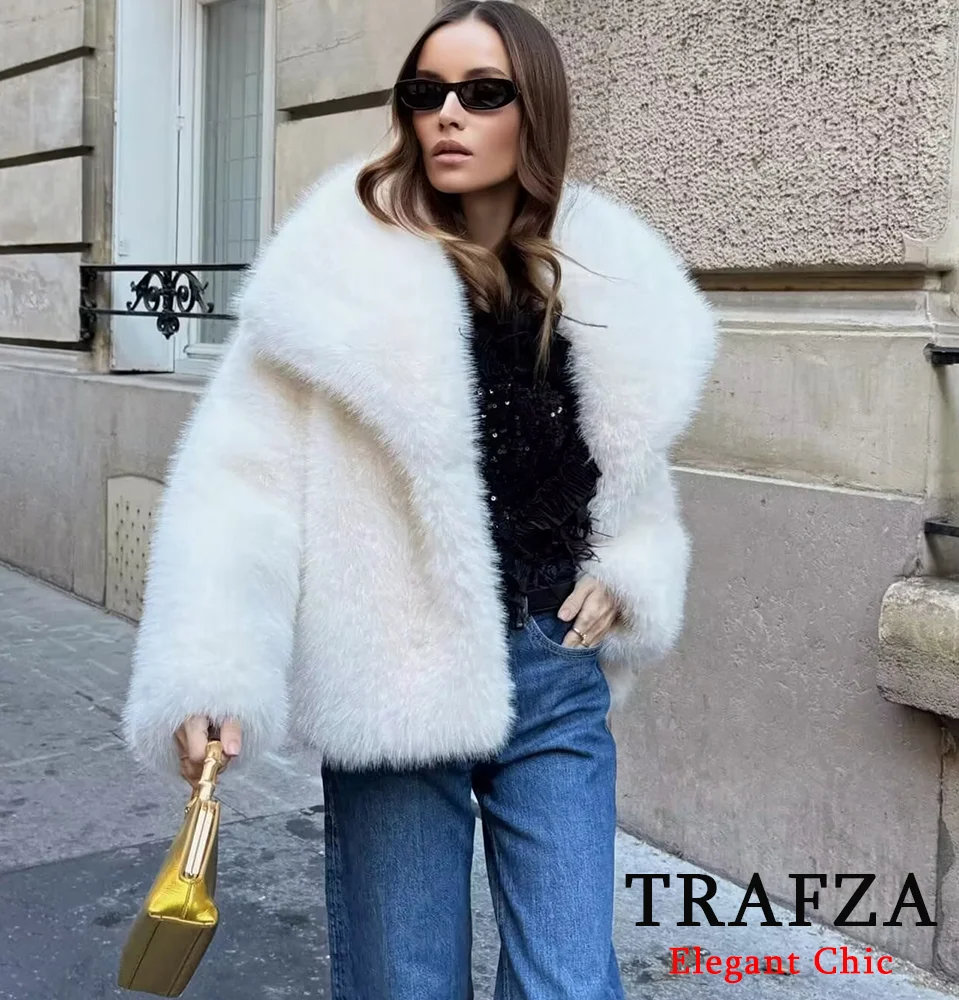 TRAFZA Fall Winter Faux Fur Coat for Women Soft-Touch Big Lapel Coat New 2024 Classic High Street Elegant Coat