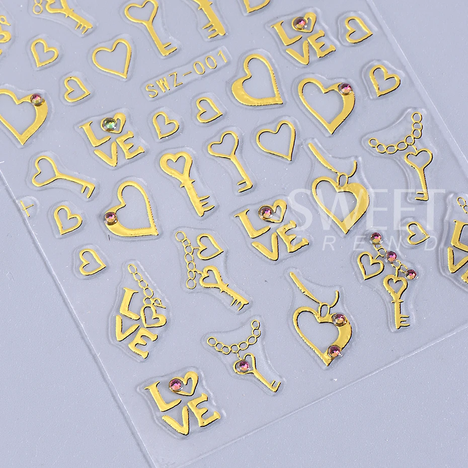 2 قطعة البرنز الذهب الحب القلب مسمار ملصق مع حجر الراين مفتاح خطوط غير منتظمة التصميم الفرنسي لاصق الشارات DIY بها بنفسك مانيكير ديكور #4