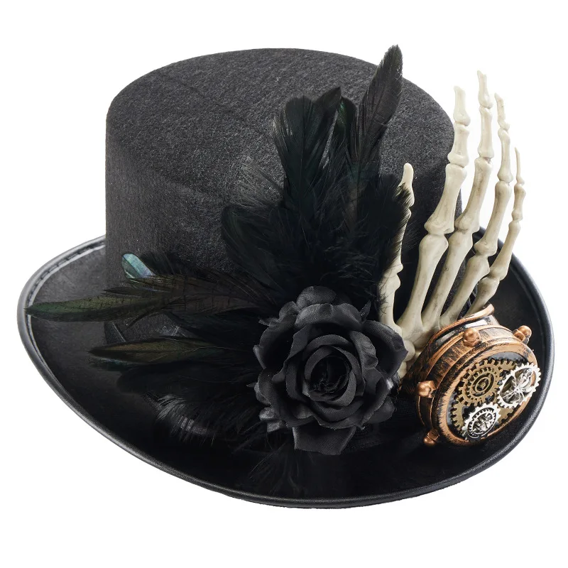 New Steampunk Top Hat Men Women Gothic Skeleton Hand Gear Black Rose Feather Decor Costume Halloween Party Cosplay Fedora Caps
