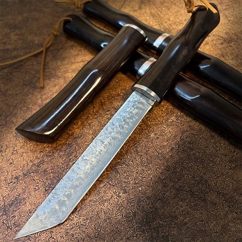 Damascus steel Outdoor tool straight knives Hammer pattern forging High hardness Handmade knife Yellow bamboo wood handle