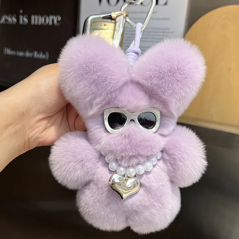 Óculos de sol de pele de coelho lontra real boneca fofa pequeno coelho chaveiro de carro pingente mochila decoração de pelúcia coelho