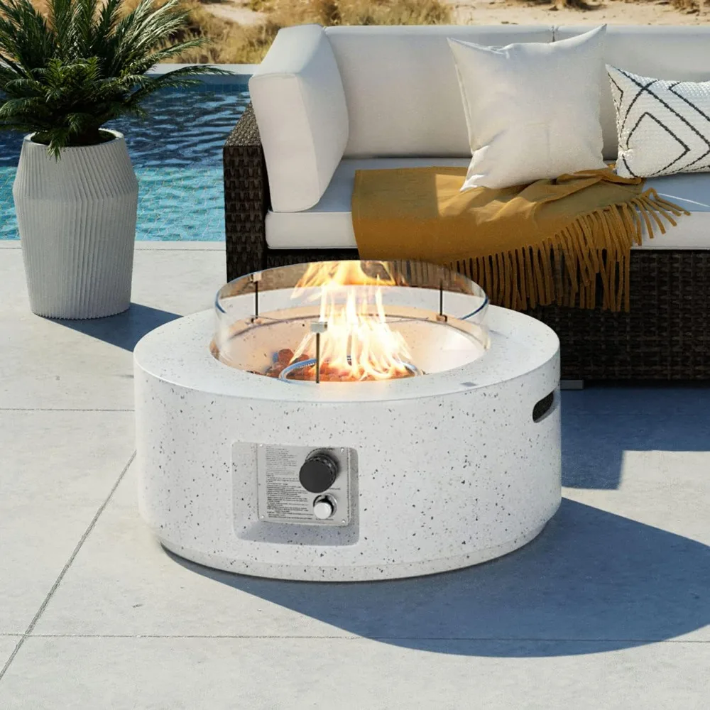 Outdoor Propane Fire Pit Coffee Table 28 Inch Terrazzo Patio Heater 40000 BTU Burner Wind Guard Lava Rocks Waterproof Cover
