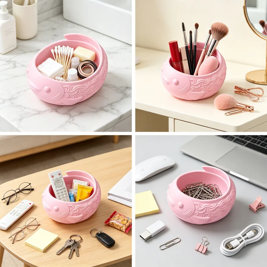 Pink Cute Little Fish Storage Bowl Made of Petg with a Matte Texture and Embossed Wave Pattern, Large Capacity, Wide Opening, Multi-Purpose Desktop Storage Container, Also Serving as a Small Fish-Shaped Pen Holder, Makeup Brush Holder, Jewelry Tray, Can Hold Jewelry, Hair Accessories, Stationery, Small Items, Suitable for Dressing Tables, Bathroom Countertops, Office Desks, Study Tables, Cute Animal-Shaped Desktop Decoration, Home Decor for Girls' Rooms, Creative Gift for Women and Girls view 6