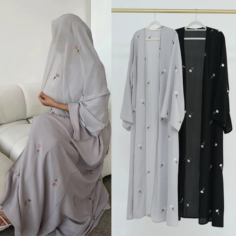 Flower Open Abaya Kimono Embroidery Muslim Abayas for Women Dubai Luxury Turkey Kaftan Hijab Robe Ramadan Eid Islamic Clothing