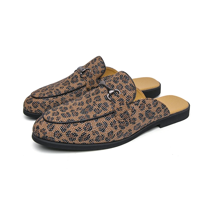 

Мужские мюли с леопардовым принтом, полуботинки больших размеров, сандалии-слайды, слипоны, повседневная обувь без задника, лоферы, тапочки