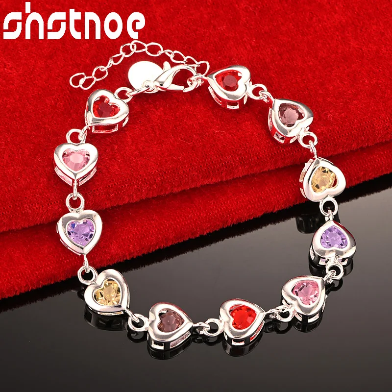 

SHSTONE 925 Sterling Silver Heart Colourful AAA Zircon Crystal Chain Bracelet For Woman Birthday Party Fashion Charm Jewelry