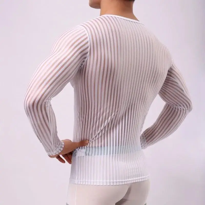 Mens Stripe Undershirt Breathable Slim Mesh Tees Shirt See Through Sheer Long Sleeves T Shirts Sexy Transparent Shirt Underwear