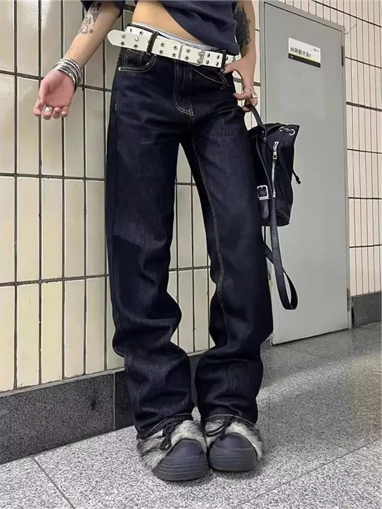 2025 Trend Y2K Style Rivet Design Dark Blue Low Rise Baggy Women's Jeans Pants For Woman Clothing Straight Gothic Denim Trousers