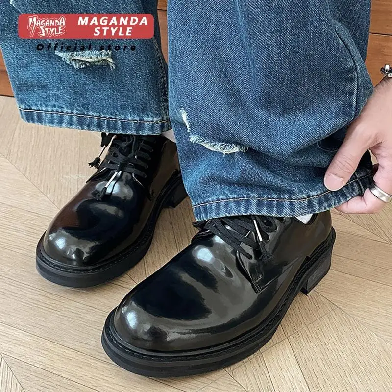 Top layer cowhide pleated lace up shoes for men's casual business formal wear Oxford shoes temperament shiny dress work shoes ﻿