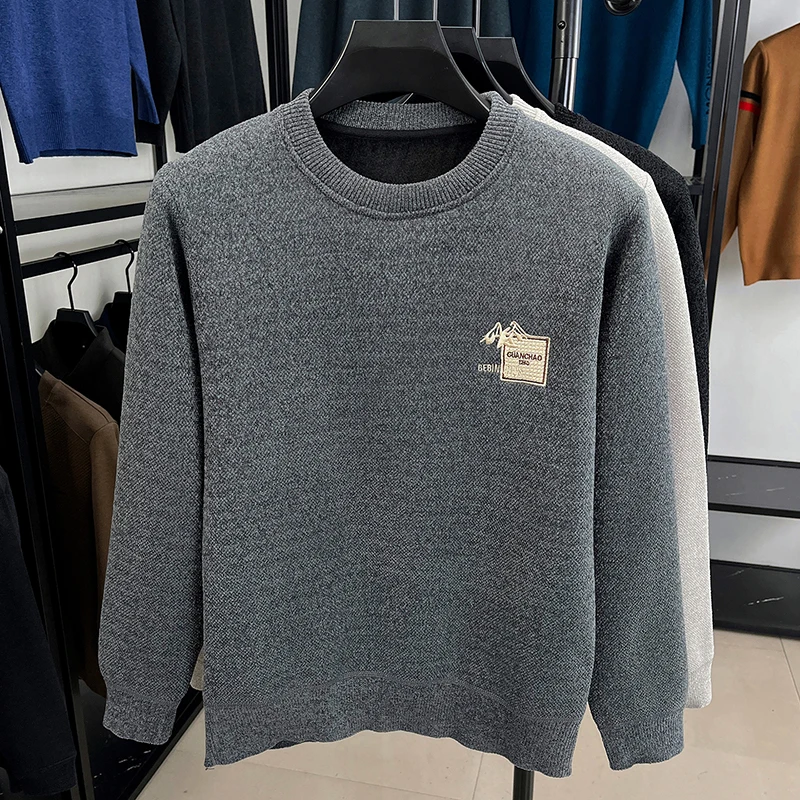 Designer Original Men's Fleece-Lined Thickened Knit Sweater Round Neck Long Sleeve Soft Warm Anti Pilling Casual Business Men's