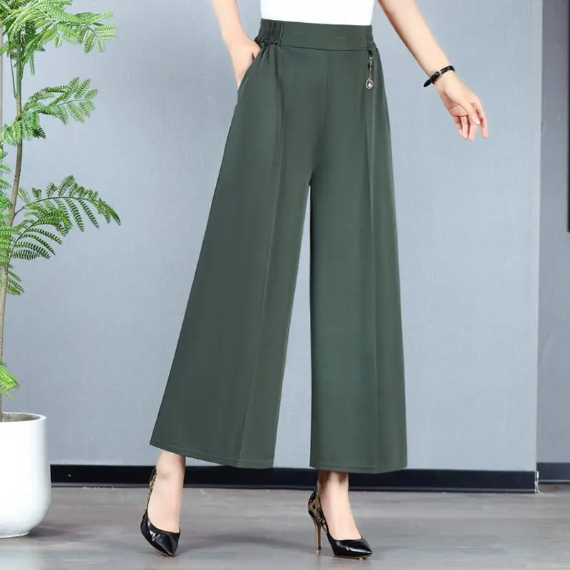 Women Summer Simplicity Loose Large Size Appear Thin Solid Color High Waist Cropped Pants Women Clothes Casual All-match Pants