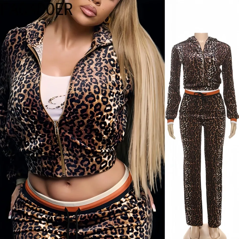 

FAGADOER Autumn New Fashion Leopard Print 2 Pieces Set for Woman Long Sleeve Hooded Jacket + Pants Matching Female Streetwear