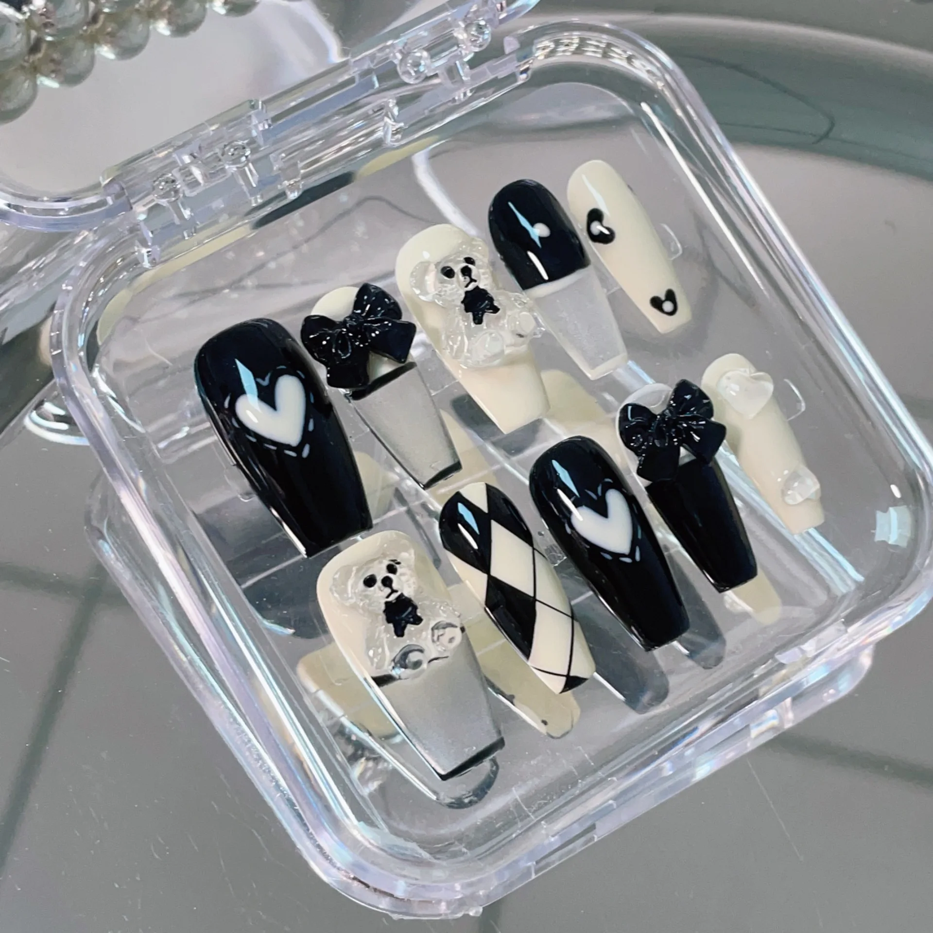 

Long Ballerina Coffin French Tips Custom False Nails Art 2024 New Arrival Fashion Natural Black Design Customized Press on Nails