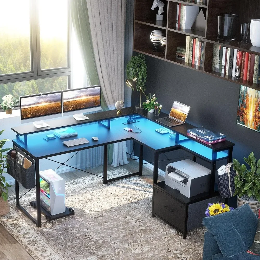 L Shaped Desk with Power Outlet and LED Strip, Reversible L Shaped Computer Desk with File Drawer,Corner Desk for Gaming Writing